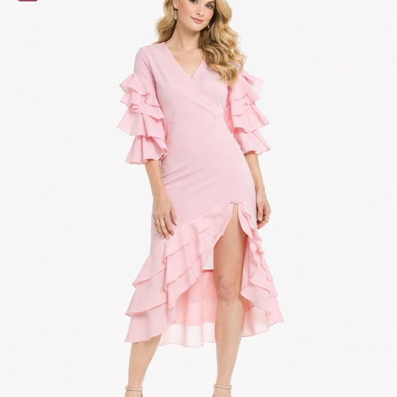 Gianni Bini,Lola Tango Dress,Pink/White Ruffle-Sleeve,High-Low Hem,Cotton Size S - Picture 14 of 14